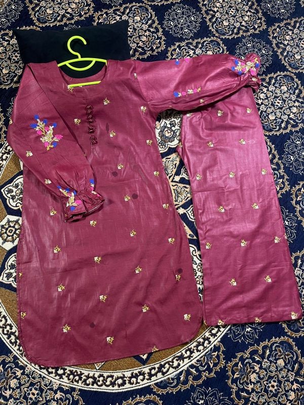 🆕 Kids 2Pcs Stylish Set 👧✨  
Front Stitch Button Shirt with Embroidered Flapper