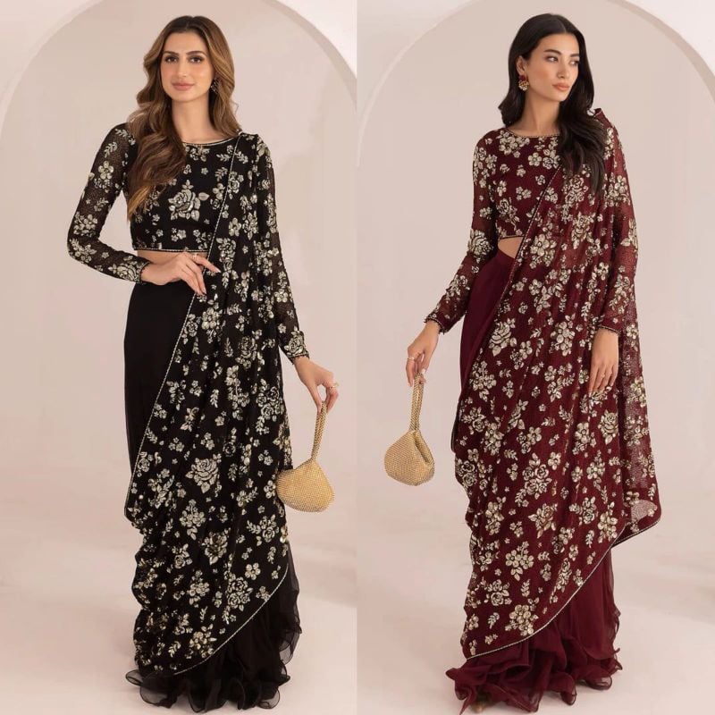 Saree Chiffon Embroidered Sequence Luxury Unstitched 3Pc✓