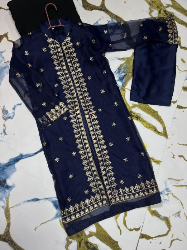 Front Sleeves, Allover Embroidery Gown With Inner Trouser Kids 3Pcs