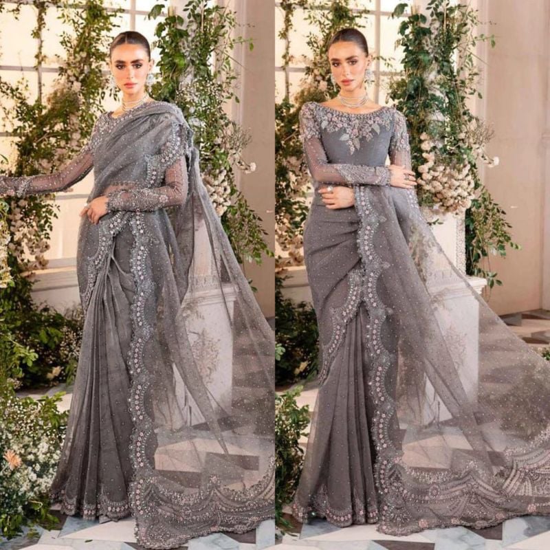 Net Saree Embroidered Sequence Hand Embellished Luxury Unstitched