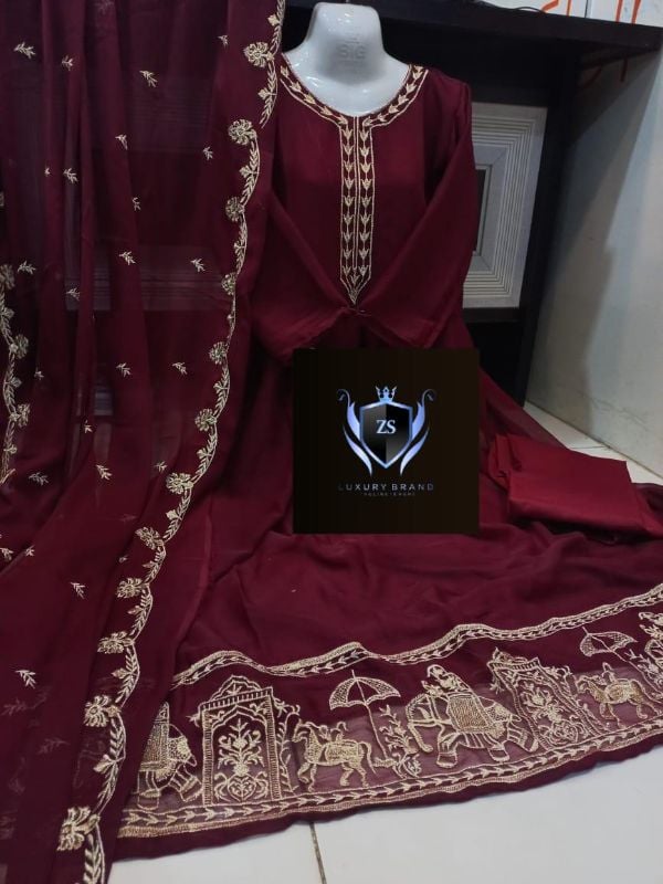 ✨ Border Shahi Embroidery With Neck Embroidery Dupatta – 3Pcs✨