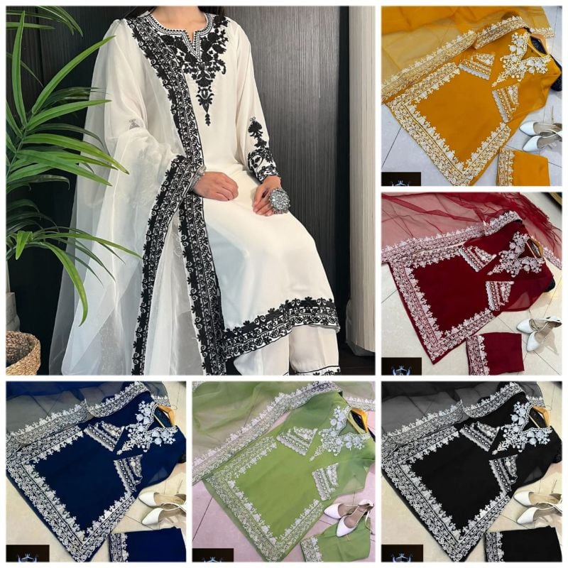 Neck, Sleeves Daman Embroidered with Embroidered Trouser and Dupatta 3PCs