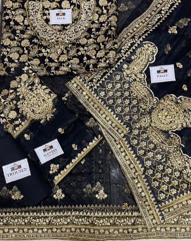 Saree Net Embroidered Hand Embellished Luxury Unstitched 3Pc®✓