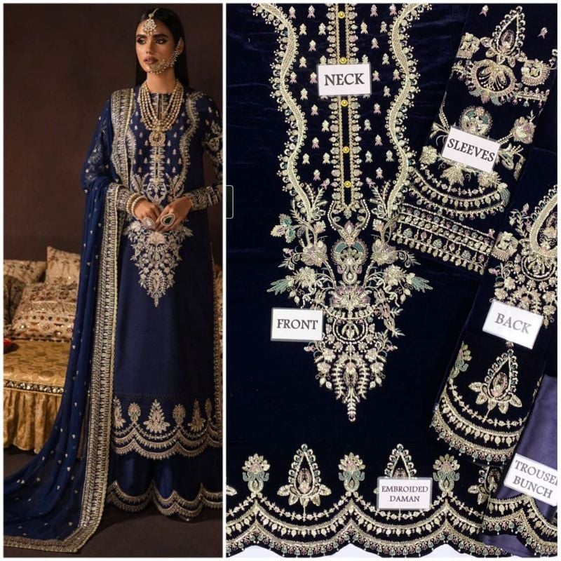 Velvet Embroidered Copper Zari Work Luxury Unstitched 3Pc✓
Front,Back