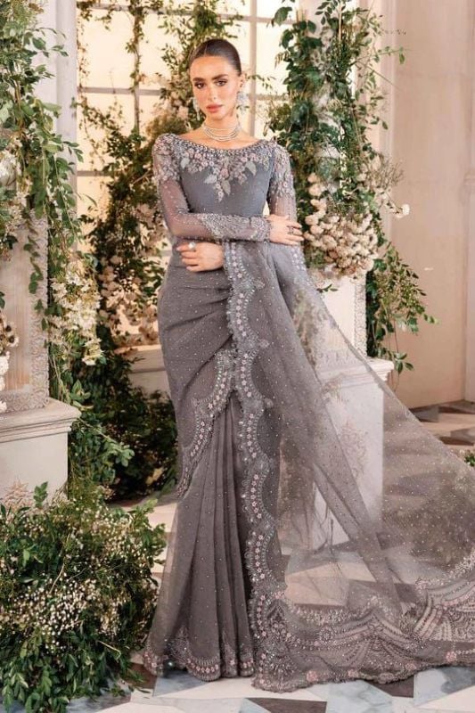 Net Saree Embroidered Sequence Hand Embellished Luxury Unstitched