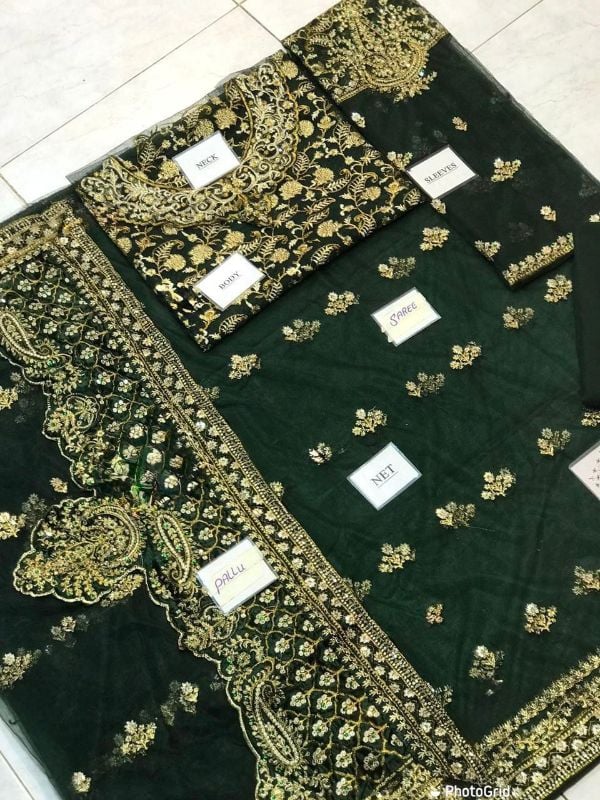 Saree Net Embroidered Hand Embellished Luxury Unstitched 3Pc®✓