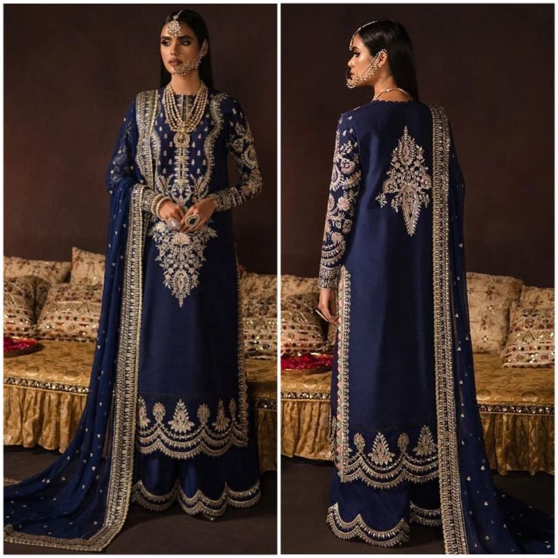 Velvet Embroidered Copper Zari Work Luxury Unstitched 3Pc✓
Front,Back