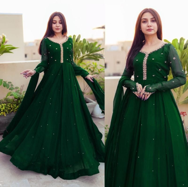 💃 Elegant Embroidered Maxi Set 💫  
3-Piece Chiffon Collection ✨💚 Dark Green