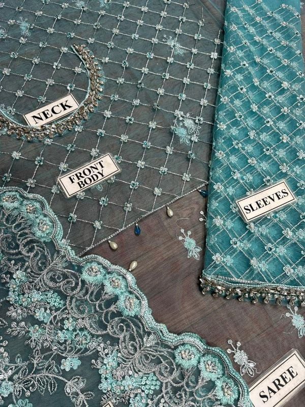 Net Saree Embroidered Hand Embellished Luxury Unstitched 3Pc✓