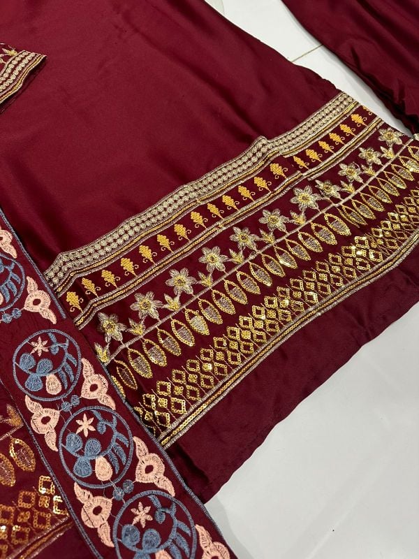 ✨ New Luxury 3PC Set ✨  
Sequence & Zarri Embroidered Short Shirt | Lace Work Garara | Multi Thread Embroidered Dupatta 💖