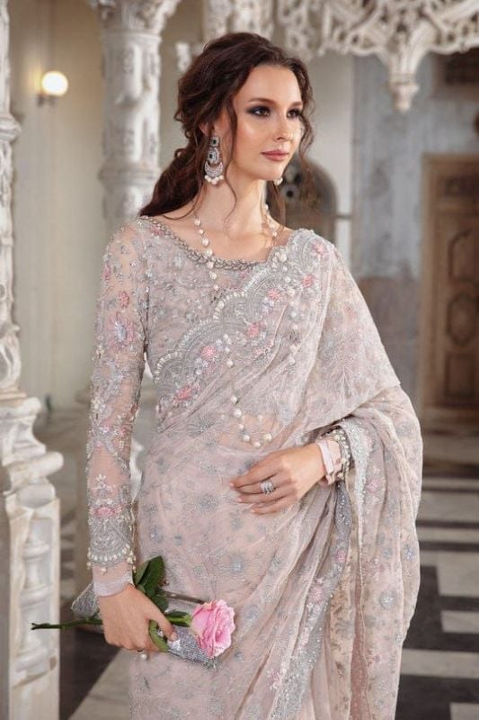 Net Saree Embroidered Hand Embellished Luxury Unstitched 3Pc®✓