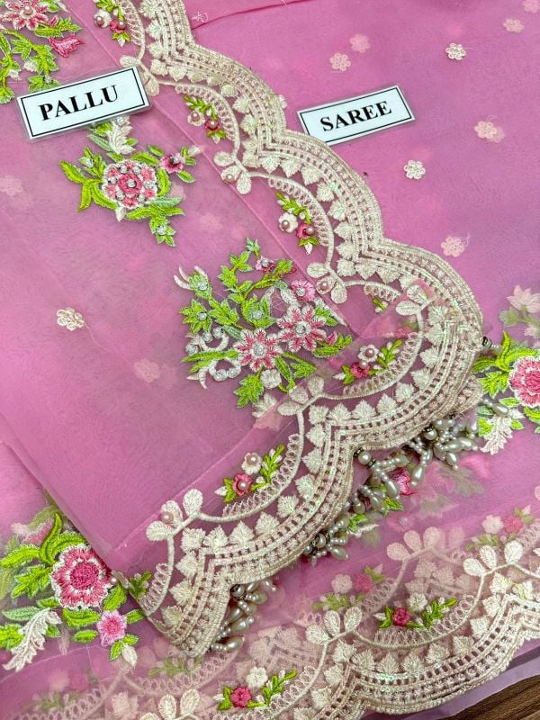 Organza Embroiderd Hand Embellished Luxury Unstitched Saree 3Pc✓