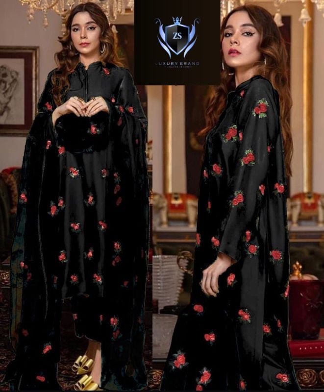 Rose Embroidery Shirt With Embroidery Dupatta 3 Pcs