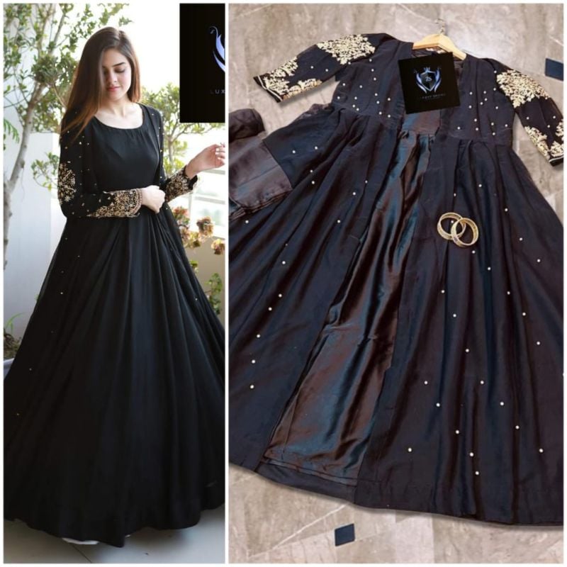 ✨ Heavy Embroidered 3Pc Set ✨  
💃 Pearls Attached Gown + Maxi + Trouser
Blue