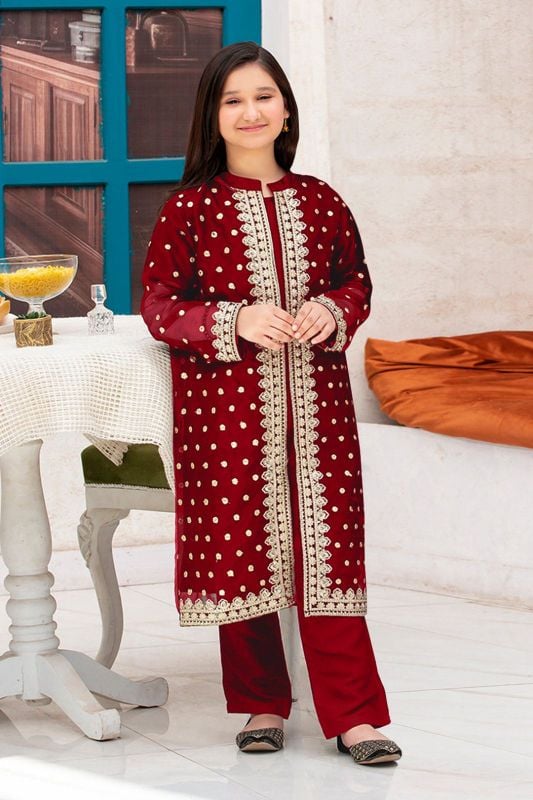 Front Sleeves, Allover Embroidery Gown With Inner Trouser Kids 3Pcs