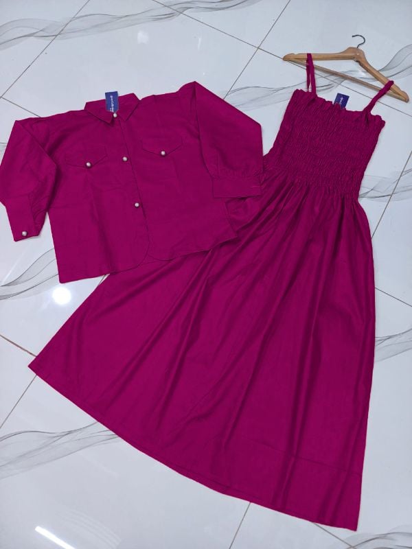 👗 Kaaj Button Coati with Gazzer Romper Frock – 2 Pcs Set