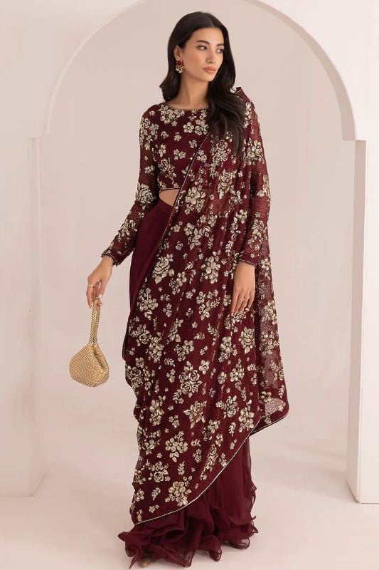 Saree Chiffon Embroidered Sequence Luxury Unstitched 3Pc✓