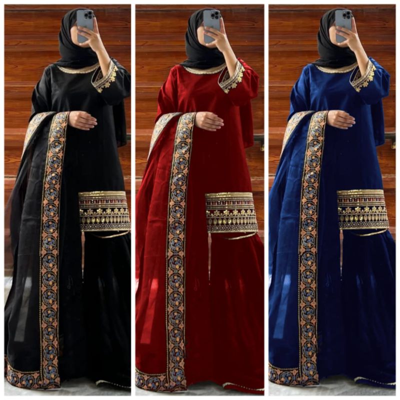 ✨ New Luxury 3PC Set ✨  
Sequence & Zarri Embroidered Short Shirt | Lace Work Garara | Multi Thread Embroidered Dupatta 💖