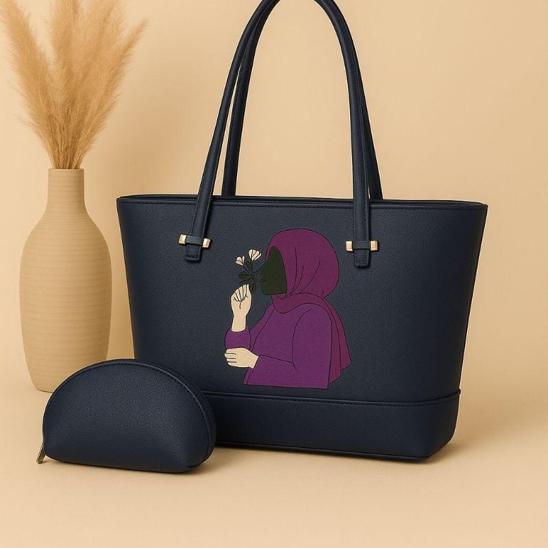 👜High-Quality Synthetic Leather Tote Bag  
With Hijab Girl Design & Mini Zipper Pouch 🎀