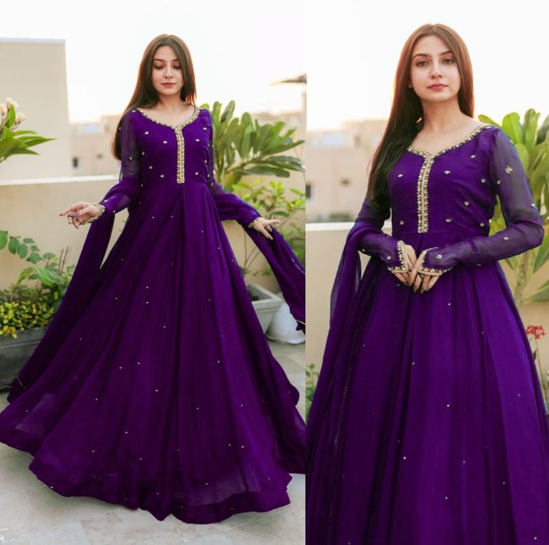 💃 Elegant Embroidered Maxi Set 💫  
3-Piece Chiffon Collection ✨ 💜 Purple