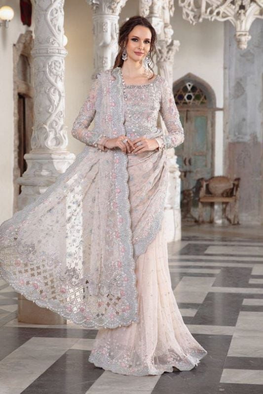Net Saree Embroidered Hand Embellished Luxury Unstitched 3Pc®✓