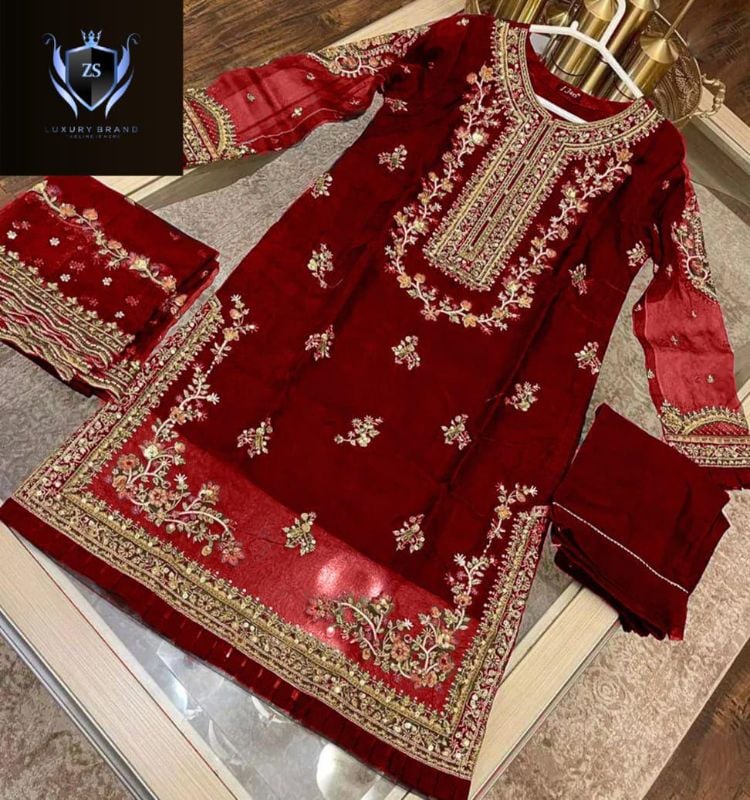 ✨Handwork, Nug Stone & Pearls Heavy Work Shirt With Emb Dupatta – 3 Piece ✨