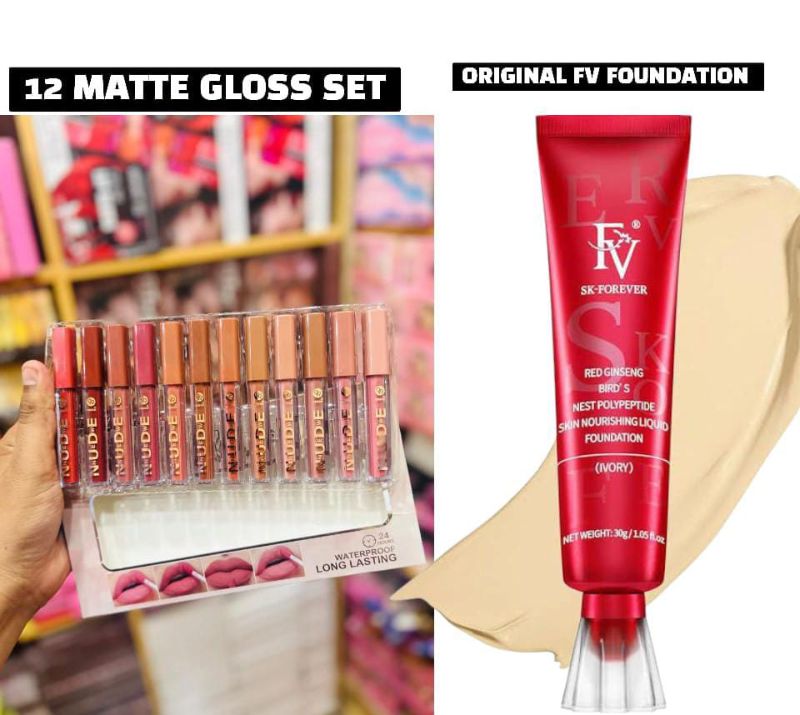 💄 2 in 1 Combo Deal  
👉 Matte Gloss Set of 12 💋  
👉 Original FV Foundation✨
