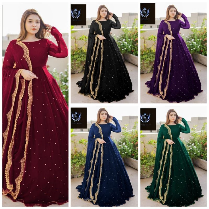 ✨Front & Back Pearls + Lace Work Long Flare Maxi 3PCs✨