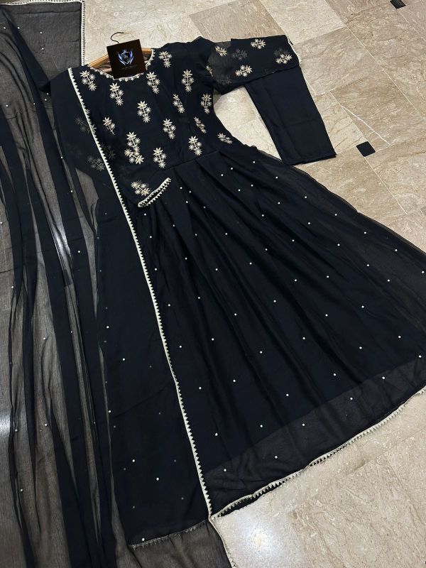 Neck & Sleeves Embroidered with Lace and front & Back Pearls Attached  Maxi with Pearls Dupatta 3Pcs