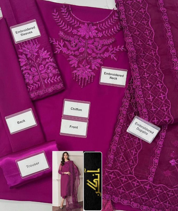 Chiffon Embroidered Sequence Unstitched 3Pc✓😊