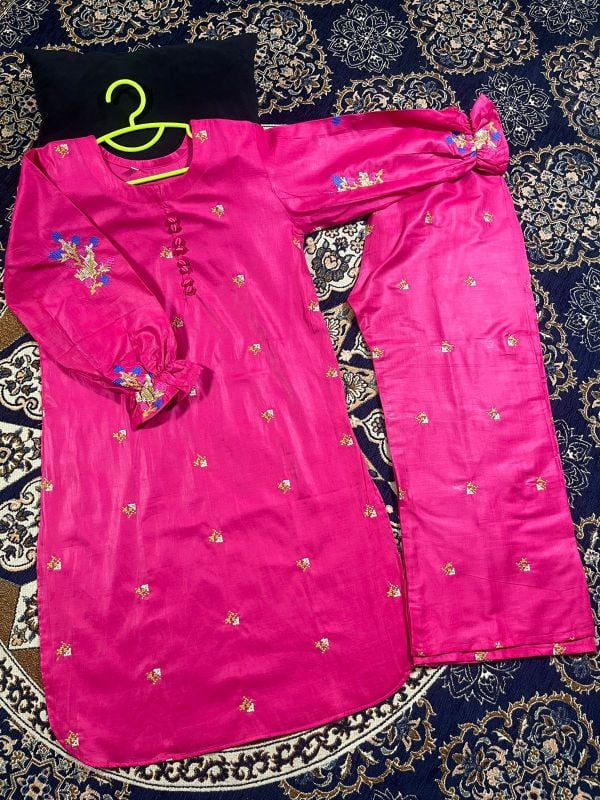 🆕 Kids 2Pcs Stylish Set 👧✨  
Front Stitch Button Shirt with Embroidered Flapper