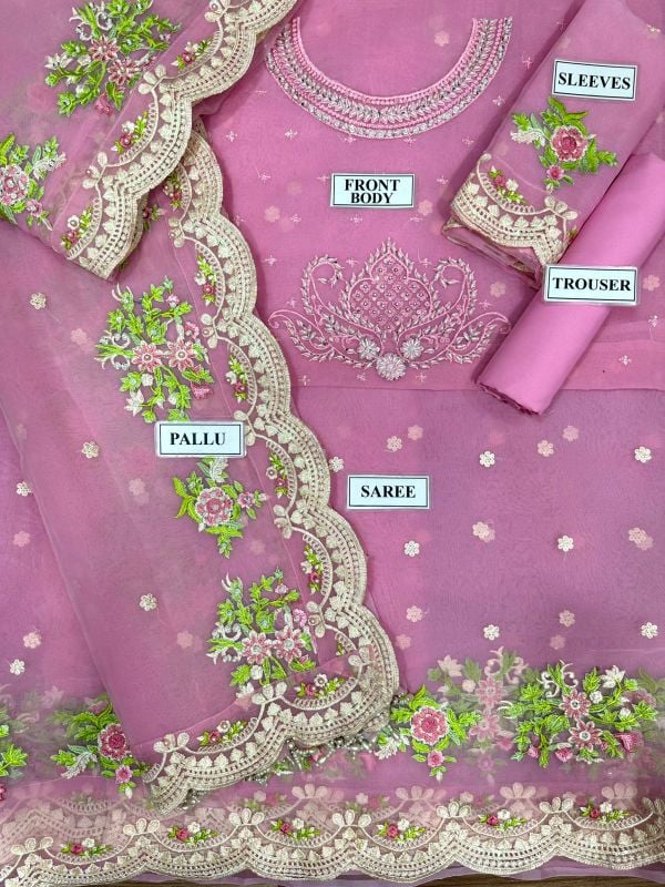 Organza Embroiderd Hand Embellished Luxury Unstitched Saree 3Pc✓