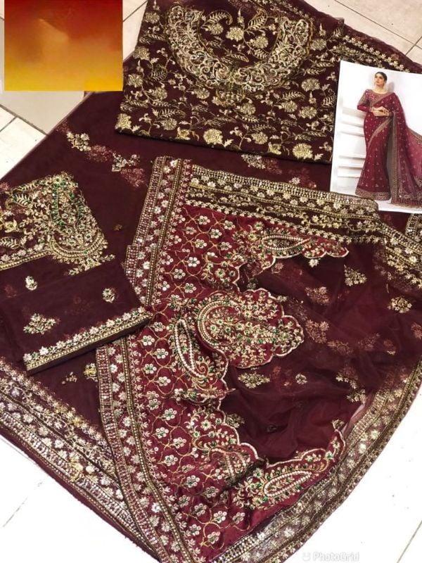 Saree Net Embroidered Hand Embellished Luxury Unstitched 3Pc®✓
