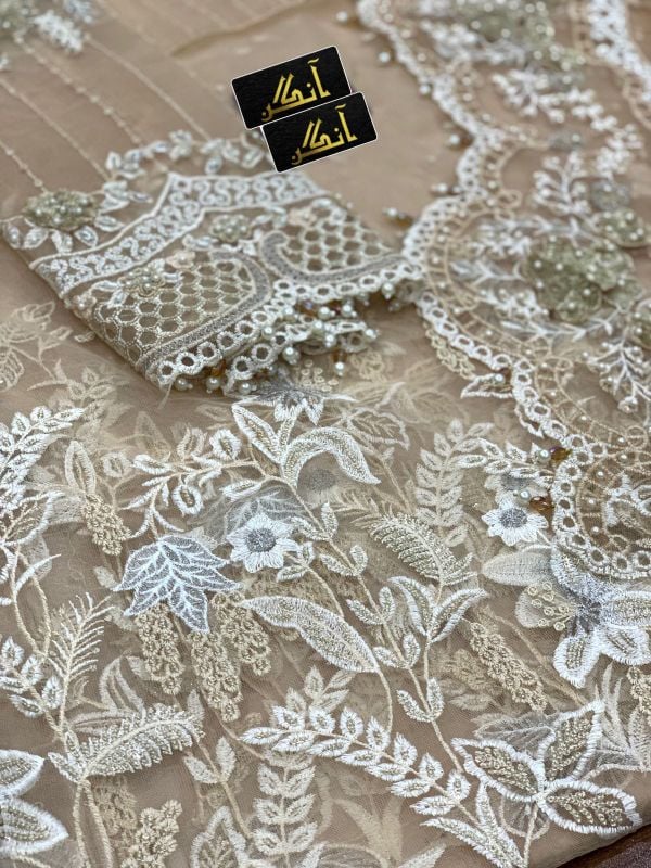 Net Saree Embroidered Sequence Hand Embellished Luxury Unstitched (Skin)