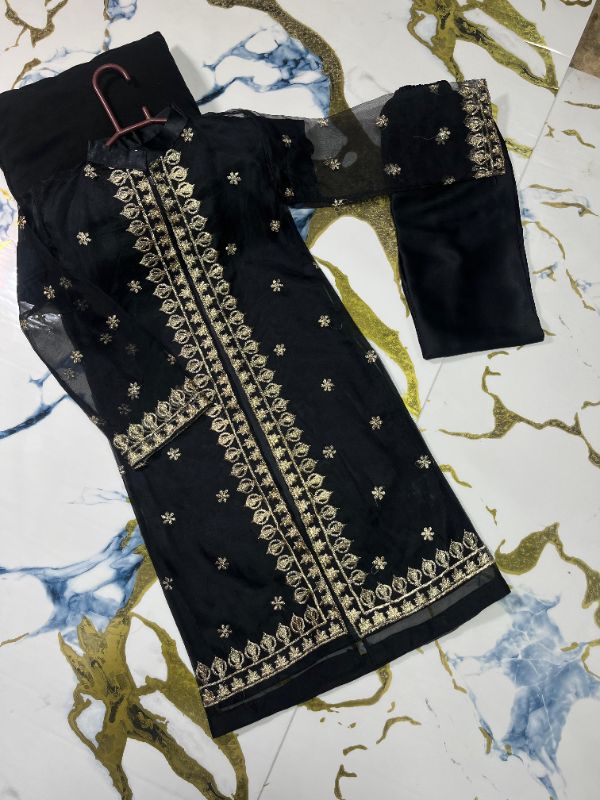 Front Sleeves, Allover Embroidery Gown With Inner Trouser Kids 3Pcs