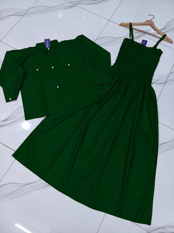 👗 Kaaj Button Coati with Gazzer Romper Frock – 2 Pcs Set