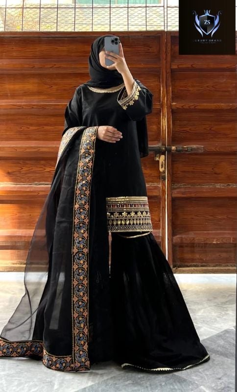 ✨ New Luxury 3PC Set ✨  
Sequence & Zarri Embroidered Short Shirt | Lace Work Garara | Multi Thread Embroidered Dupatta 💖