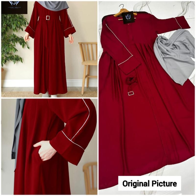 Front Platted Zip Abaya With Belt & Stoller (Maroon)