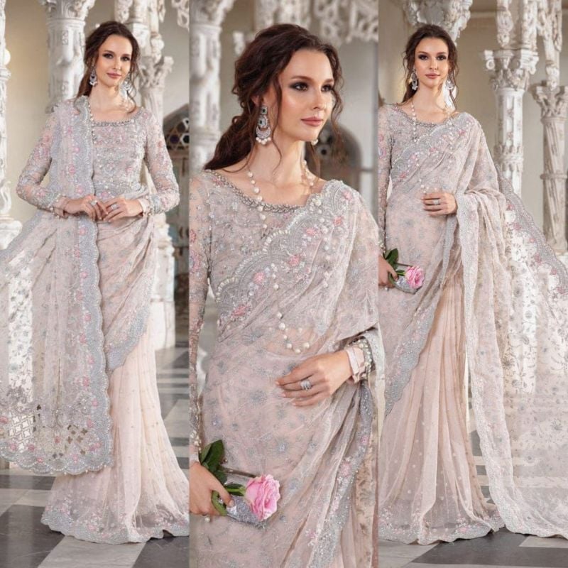 Net Saree Embroidered Hand Embellished Luxury Unstitched 3Pc®✓