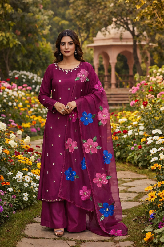 Indian Organza Fabric HandWork Brush Painted & Zarri Work Dupatta (13 Bunches Dupatta)🅰️