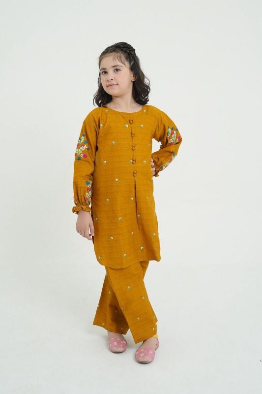🆕 Kids 2Pcs Stylish Set 👧✨  
Front Stitch Button Shirt with Embroidered Flapper