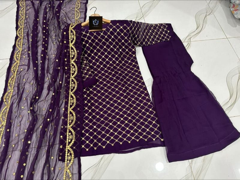 Front and Sleeves 9MM Sequence Embroidered, with Cut Work 9MM Dupatta with Garara 3Piece