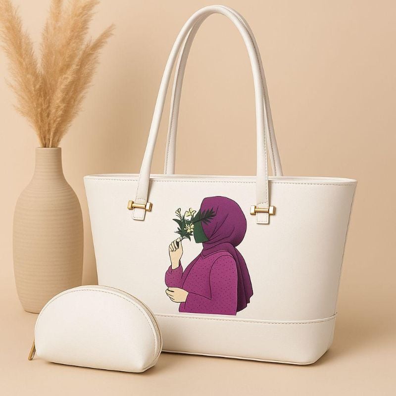 👜High-Quality Synthetic Leather Tote Bag  
With Hijab Girl Design & Mini Zipper Pouch 🎀