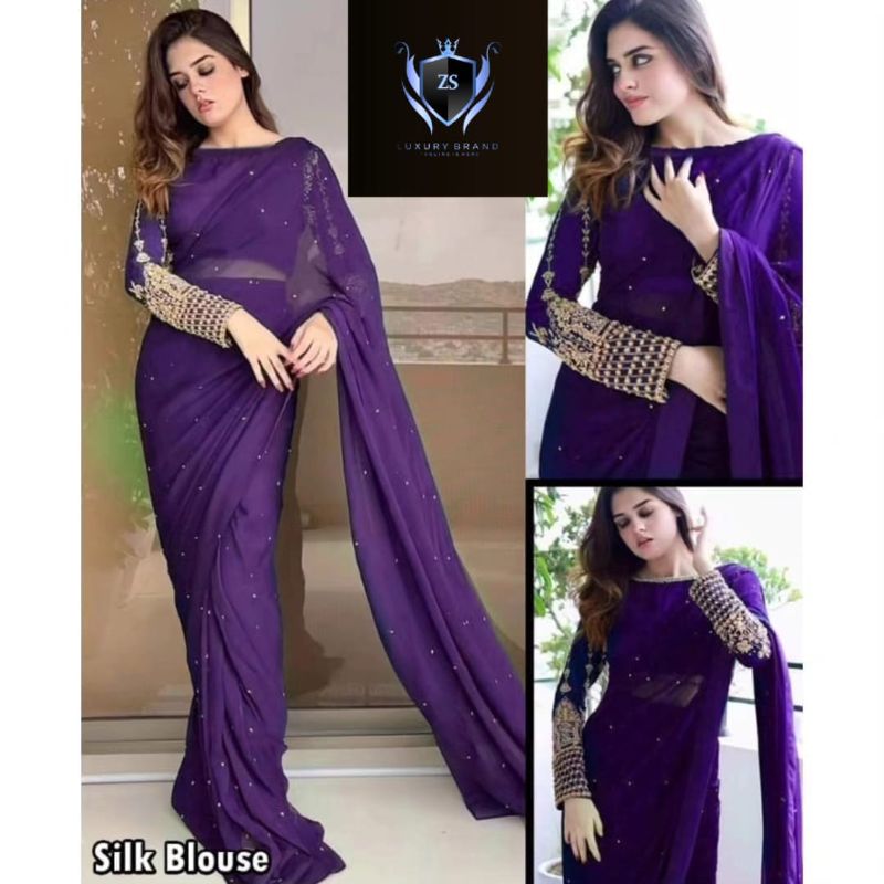💜 Saree Collection 💜
✨ Silk Sleeves Sequence Embroidery Blouse
✔️ With Pettycoat & Pearls Attached Saree