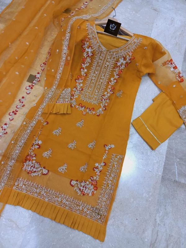 ✨Handwork, Nug Stone & Pearls Heavy Work Shirt With Emb Dupatta – 3 Piece ✨