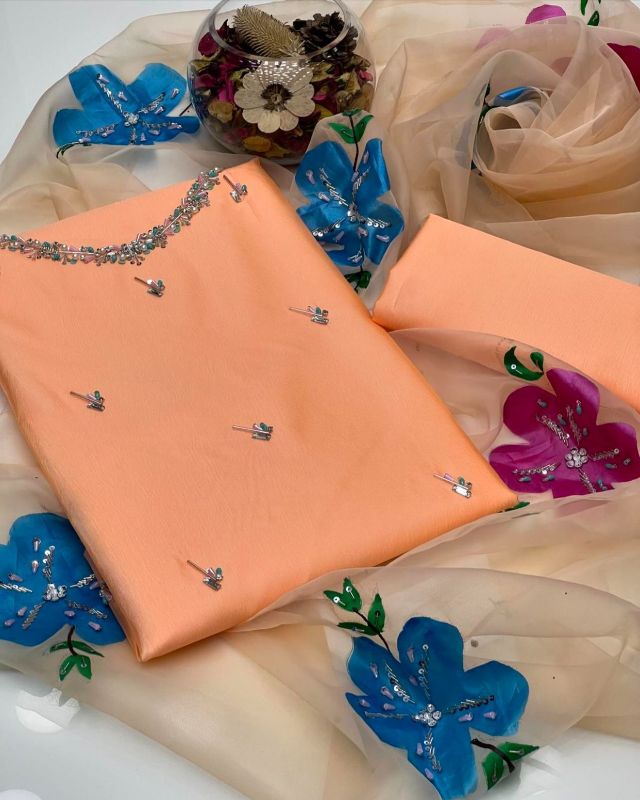 Indian Organza Fabric HandWork Brush Painted & Zarri Work Dupatta (13 Bunches Dupatta)🅰️