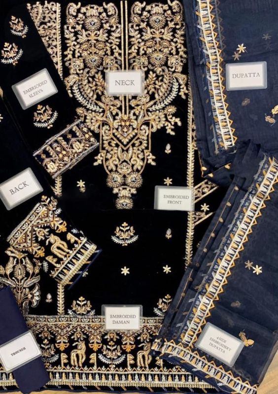 Velvet Embroidered Sequence Hand Embellished Luxury Unstitched 3Pc✓