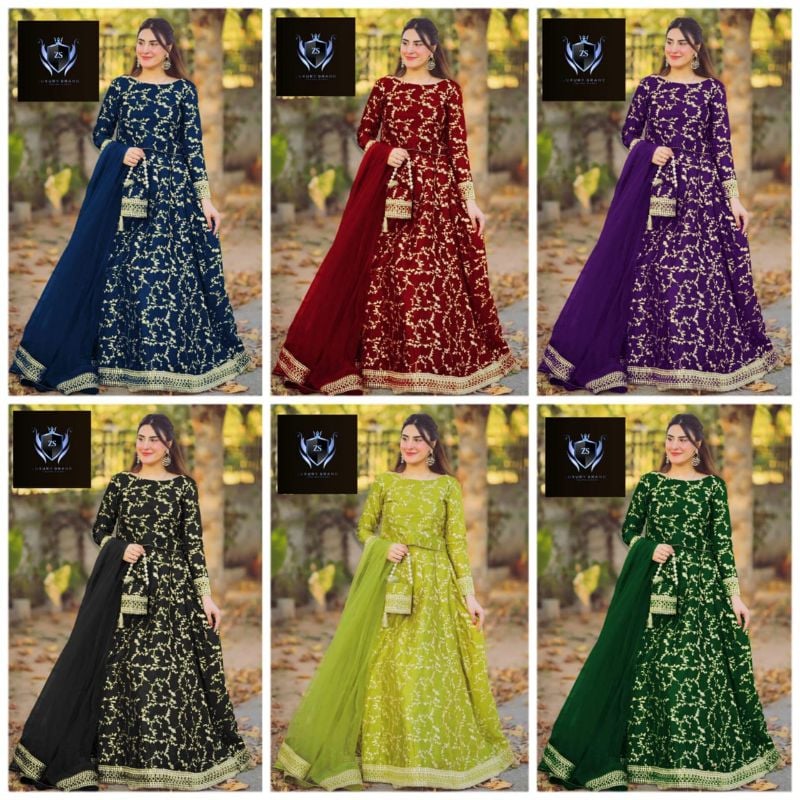 4 Piece Embroidered Top With Long Flare Embroidery Skirt And Four Side Border Embroidered Dupatta With Eidi Potli