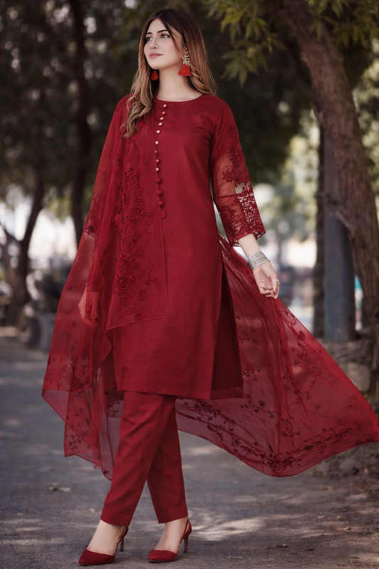 3PCs Embroidery Shirt With Embroidered Dupatta