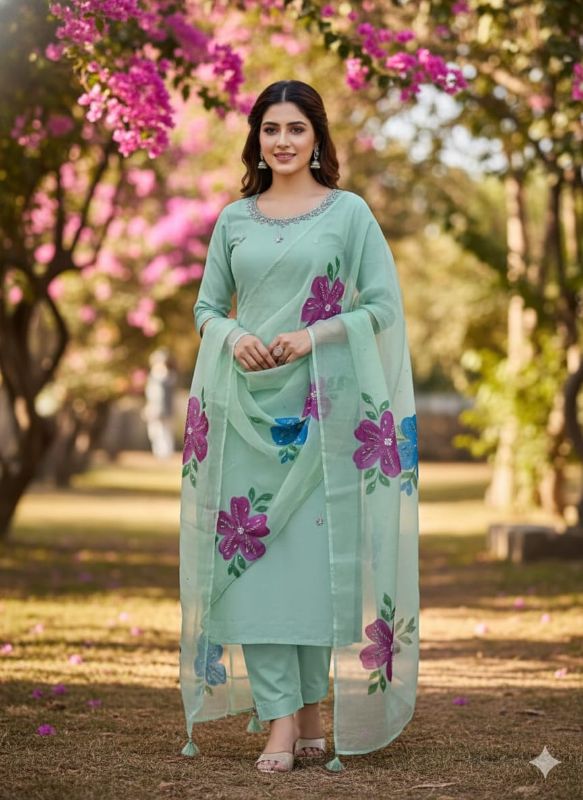 Indian Organza Fabric HandWork Brush Painted & Zarri Work Dupatta (13 Bunches Dupatta)🅰️